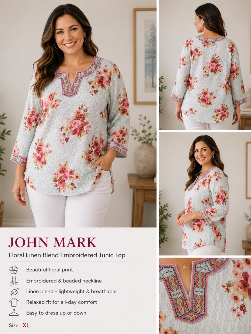 John Mark Floral Linen Blend Embroidered Beaded Tunic Top Blue XL